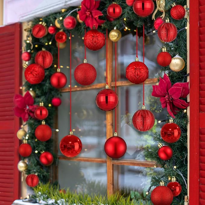 36 Pcs Christmas Balls Ornaments for Ceiling, 1.6'' 2.4'' 3.2'' Large Big Shatterproof Christmas Hanging Decorations Balls for Tree Xmas Holiday Party Indoor(Red)