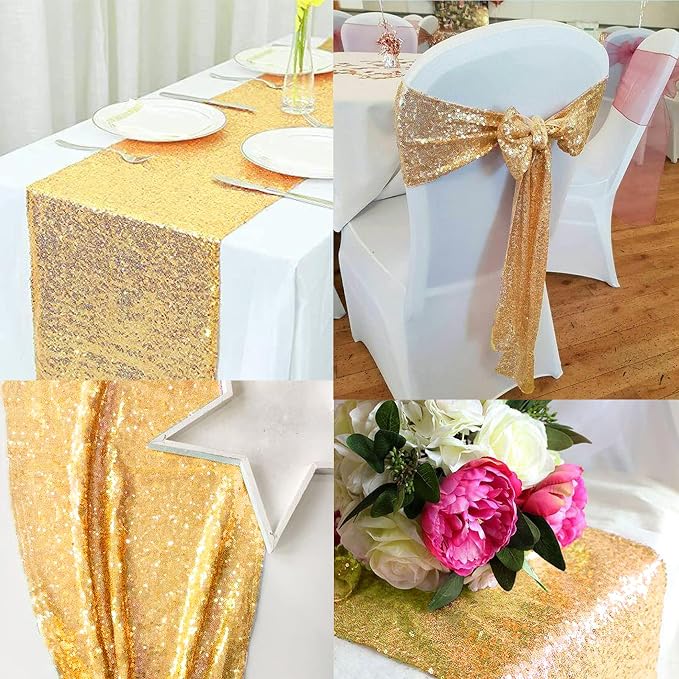 12 Packs 12 X 72 Inch Gold Sequin Table Runner Glitter Dining Table Runner for Birthday Wedding Engagement Bridal Baby Shower Bachelorette Holiday Celebration Party Supplies Decorations (Gold)