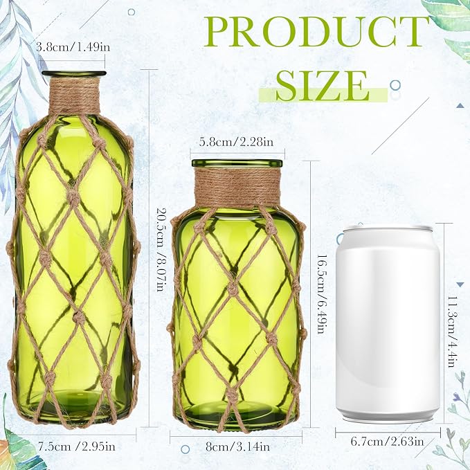 Chuangdi Set of 2 Coastal Glass Vases for Flowers TSITP Flower Vase with Boho Rope Small Sea Glass Jar Nautical Beach Bottle for Wedding Table Centerpieces Floral Arrangement Decor(Olive Green)