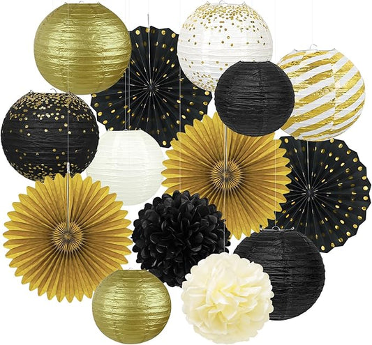 Black and Gold Party Decorations - 14Pcs Hanging Paper Lanterns Fans for Prom Decorations 2026, Graduation Party, Great Gatsby Theme, Men Women 40th 50th 60th Birthday Party Supplies