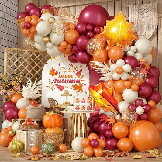 Fall Balloon Garland Arch Kit, Orange Wine Red Nude Sand White Gold Confetti Balloons with Leaf Foil Balloons for Thanksgiving Balloon Autumn Fall Birthday Baby Shower Party Decorations