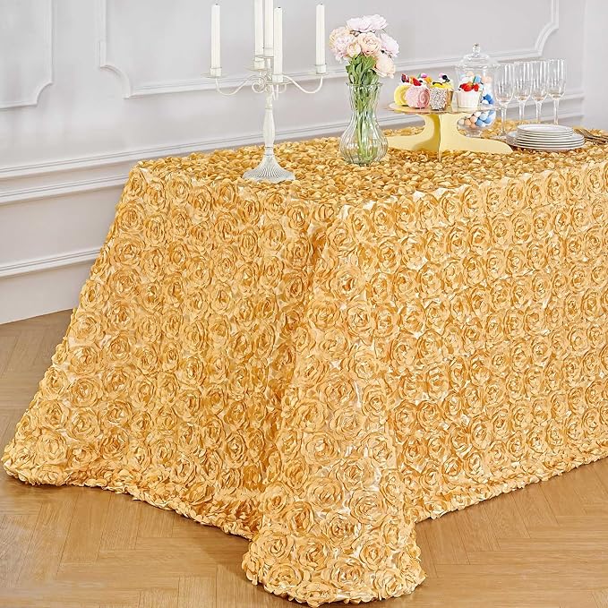 B-COOL Light Gold Rosette Tablecloth Party Table Overlay 90x156 Inch 3D Floral Fabric Cover for Brithday Holiday Party Wedding Table Decorations