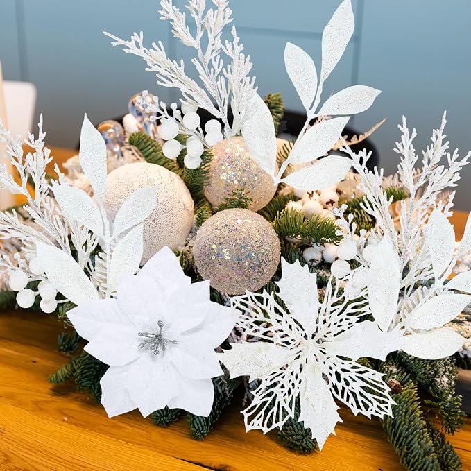 Winlyn 35 Pcs Christmas Artificial Poinsettia Flowers Picks and Artificial Leaves Sprays White Glitter Christmas Floral Picks for White Christmas Tree Wreath Garland Holiday Centerpiece Decorations
