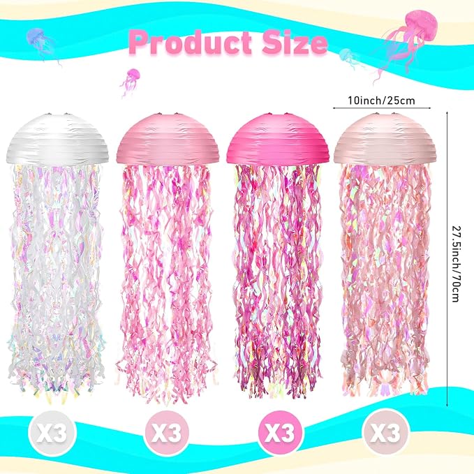 Baquler Set of 12 Jellyfish Paper Lanterns 10 Inch Semicircle Lanterns Hanging Decoration for Mermaid Sea Ocean Birthday Party Decorations(White, Pink, Rose Red, Peach)