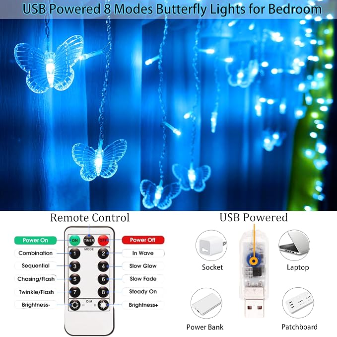 Blue Butterfly Curtain Fairy Lights USB Plug in,120 LED 8 Modes 20FT Firefly Twinkle Icicle String Lights with Remote Timer Waterproof for Bedroom Christmas Wedding Party Dorm Decor