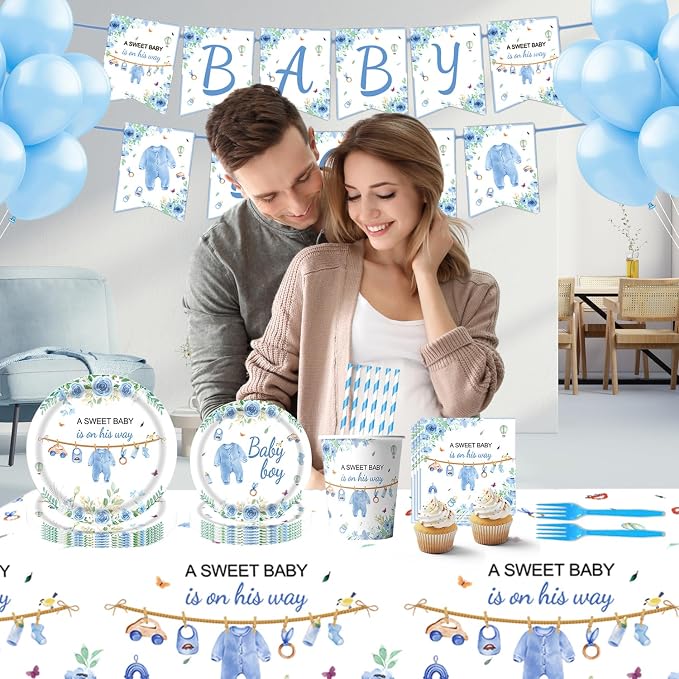 162 Pcs Baby Shower Decorations for Boy Serve 25 Guest - Blue Theme All-in-One Party Supplies Kit with Plates, Cups, Napkins, Forks, Straws, Banner, Tablecloth for Baby Shower Decor