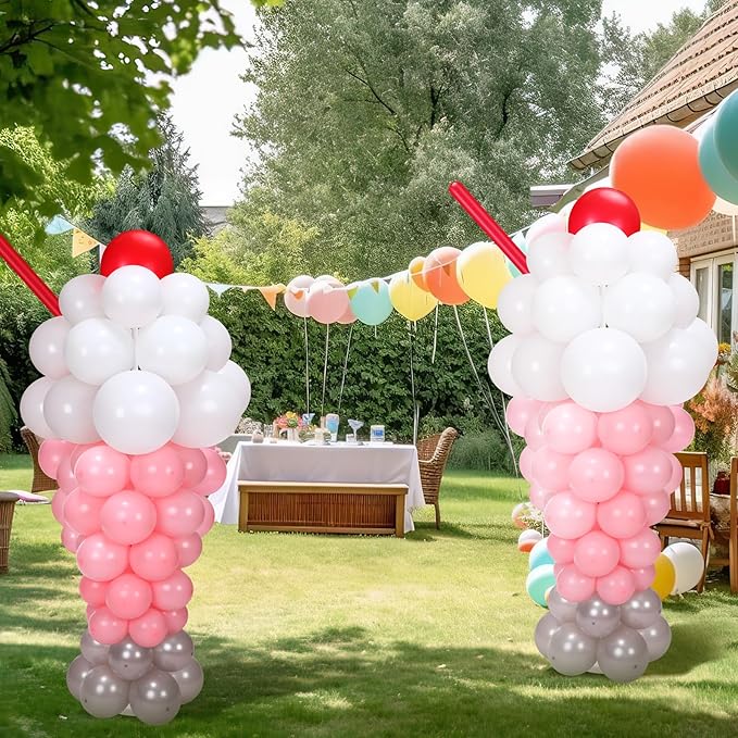 2 Set Ice Cream Balloon Column Stand Kit with 150 Balloon 2 Removable Milkshake Stand with Weighted Base and Stick 30 Rings Column Tower for Baby Shower Birthday Wedding Party Decor
