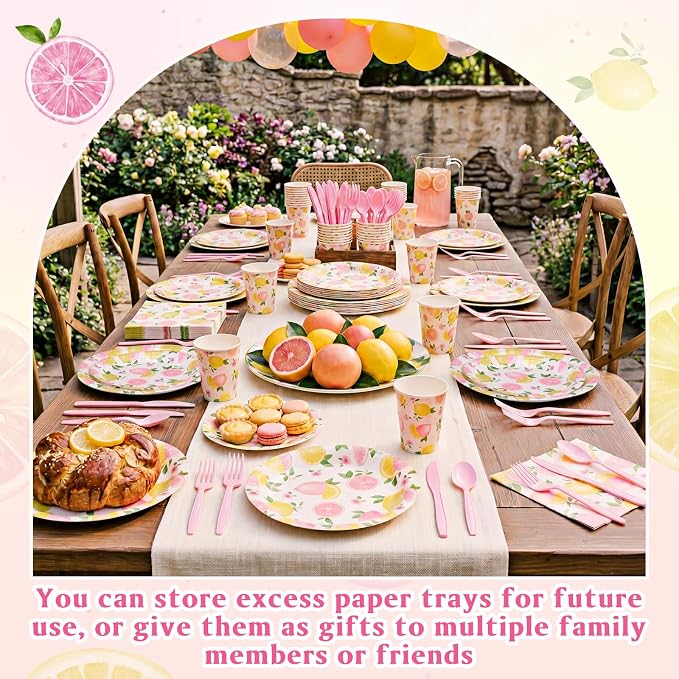 Funnymoom 400 Pcs Pink Lemon Party Supplies for 50 Guests Summer Pink Lemon Birthday Paper Plates and Napkins Knives Spoon Fork Cup Set Cutlery for Lemonade Theme Birthday Summer Bridal Shower