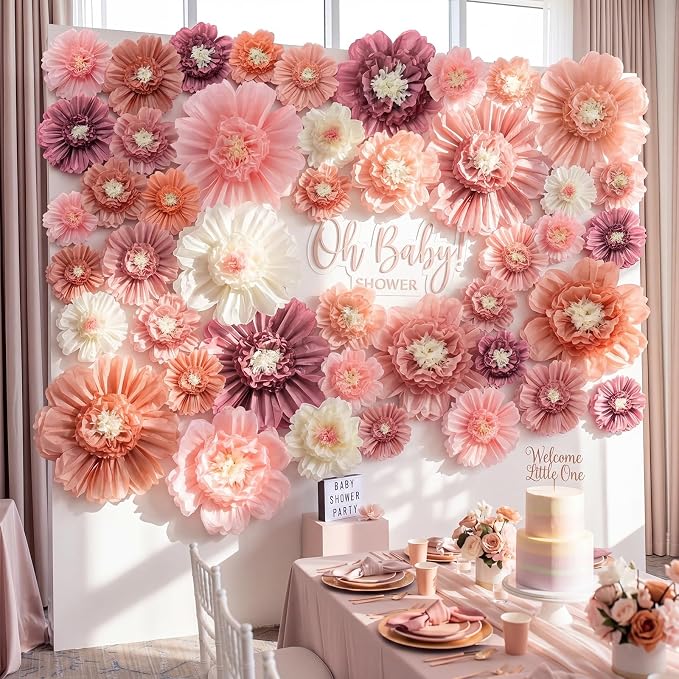 Giegxin 44 Pcs Multiple Sizes Boho Giant Paper Flowers for Wall Decorations Pink White Big Tissue Flowers Boho Party Decorations Floral for Wedding Baby Shower Classroom Nursery Bachelorette Backdrop