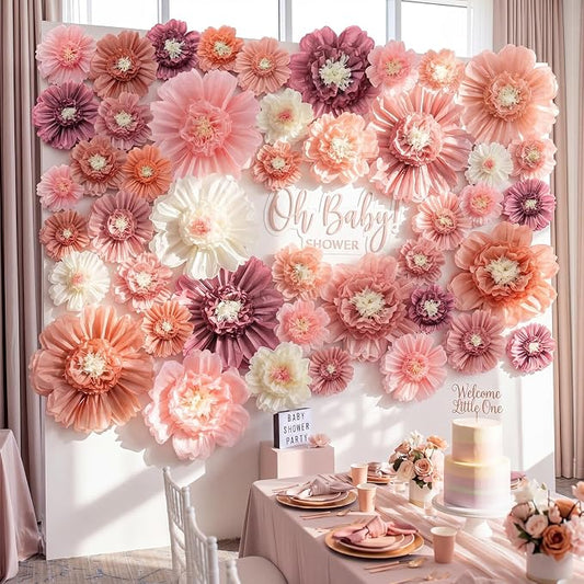 Giegxin 44 Pcs Multiple Sizes Boho Giant Paper Flowers for Wall Decorations Pink White Big Tissue Flowers Boho Party Decorations Floral for Wedding Baby Shower Classroom Nursery Bachelorette Backdrop