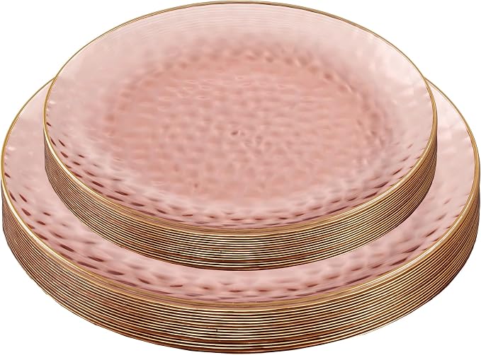 PLASTICPRO 32 Piece Combo Plates Set includes 16-7'' inch Plates & 16-10'' inch Dishes Rose Hammered Plastic PartyPlates Premium heavyweight Elegant, Disposable, Tableware, Dishes,