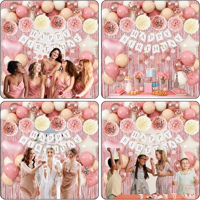 Jobkoo Pink Birthday Decorations for Women, Boho Dusty Pink Rose Gold Blush Beige Latex Balloons Happy Birthday Banner Foil Fringe Curtain Tissue Paper Pompom for Woman Girls Party Decoration Supplies