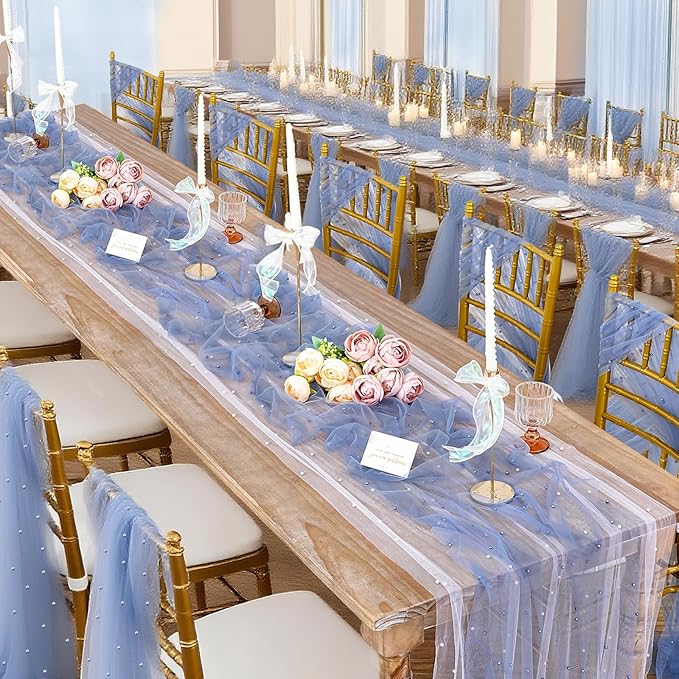 Tulle Table Runner Wedding Decorations: 10ft Veil Dusty Blue Dessert Table Fabric 12pcs Chiffon Pearl Lace Boho Glitter Table Overlay Desk Runners Diamonds Party Decorations Doilies