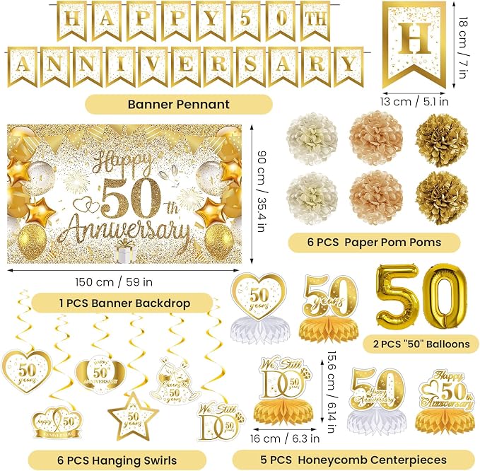 50th Golden Wedding Anniversary Decorations - White Gold Happy Anniversary Banner Backdrop Centerpiece Hanging Swirls Pom Poms