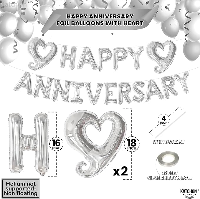 KatchOn, Silver Happy Anniversary Balloons Letters - Huge, 18 Inch | Silver Happy Anniversary Balloon Banner | 1000 Pcs Artificial Red Rose Petals - Silk, Fake Rose Petals for Romantic Night