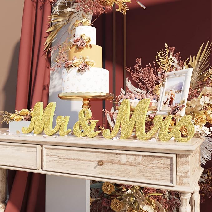 VIOPVERY Mr and Mrs Sign & Just Married Banner,Mr & Mrs Signs for Wedding Table,Large Wooden Letters for Sweetheart Table,Photo Props Wedding decorations for Anniversary,Gold