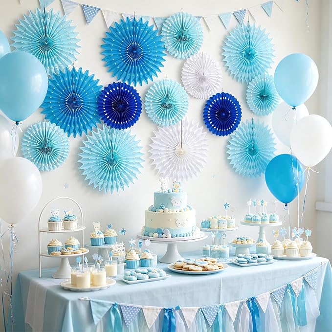 SUNBEAUTY Pack of 13 Blue White Hanging Honeycomb Paper Fans Party Decoration Kit for Baby Boy Shower 1st Birthday Navy Ocean Wedding Under The Sea Theme Photo Booth Backdrops Paper Party Supplies