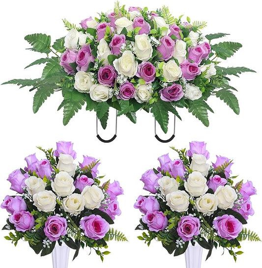 Artificial Cemetery Flower Saddles, Cemetery Memorial Flowers with Vase,Outdoor Grave Saddle Headstone Decorations, Artificial Rose Bouquet Grave Memorial Flowers (Purple White)