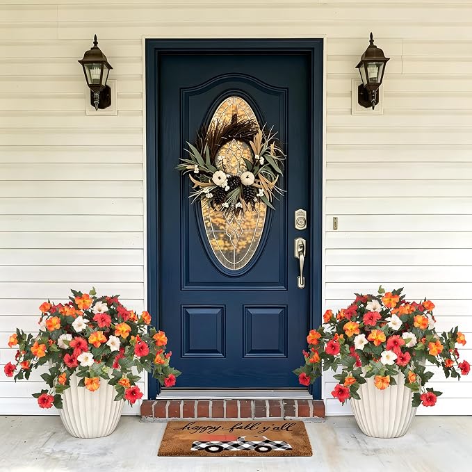 Ammyoo Artificial Fall Flowers Fake Petunias Plants for Outdoor Decoration | 2 Pcs UV Resistant Faux Silk Flowers No Fade Floral for Garden Balcony Yard Porch Realistic Indoor Decor (Orange White)