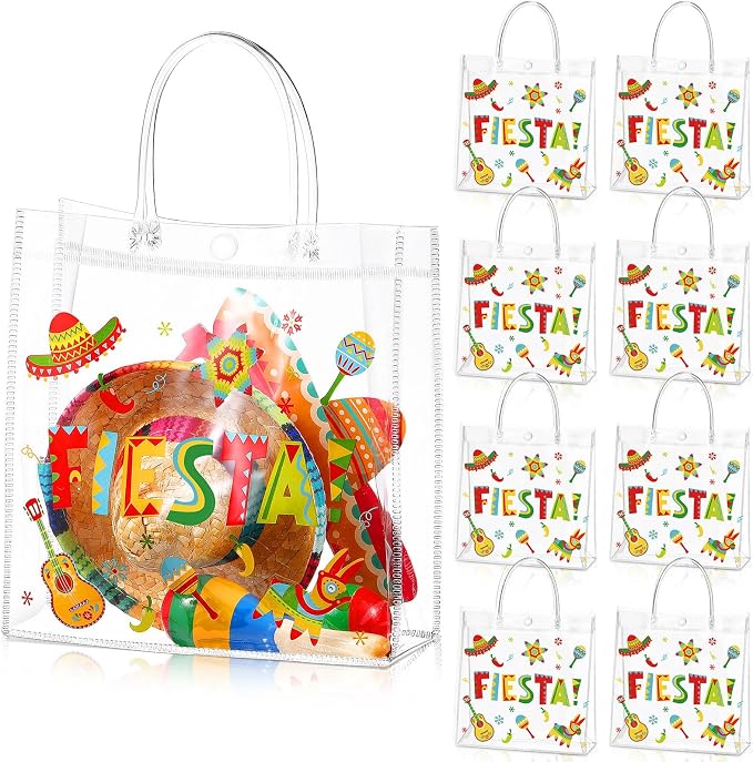 Hosuly 24 Pcs Mexican Fiesta PVC Treat Bags with Handles Reusable Fiesta Clear Plastic Gift Bags Cinco De Mayo Candy Goodie Handbags Taco Bar Favors Decor for Mexico Party Supplies
