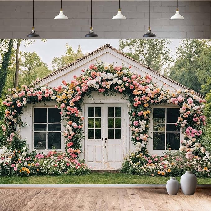 15X10ft Flower Backdrop Floral Retro House Photography Backdrops Rustic Garden Style Decoration Wedding Portrait Background Studio Photo Booth Props