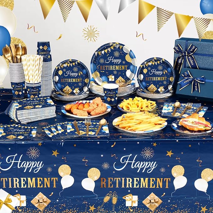 Funnymoom 452 Pcs Retirement Party Decorations Supplies Set Include Blue Gold Retirement Paper Plates Napkins Cups Tablecloth Cutlery Straws for Men Women Say Goodbye Party