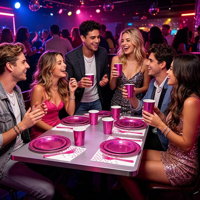 Hot Pink Iridescent Plates and Napkins Party Supplies Set for 24 Guests, Disposable 9’’ and 7'' Holographic Paper Plates, Cups, Forks, Napkins Tableware for Mermaid, Birthday Party Decorations