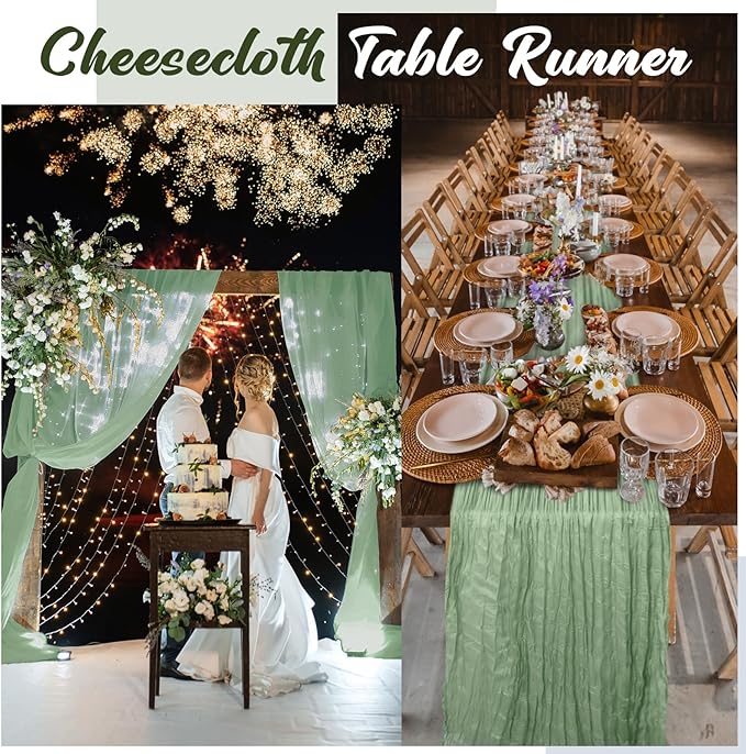 Foaincore 12 Pack Green Table Runner 10Ft Boho Gauze Cheesecloth Table Runner 120" Long Cheese Cloth Romantic for Wedding Bridal Baby Shower Arbor Decor