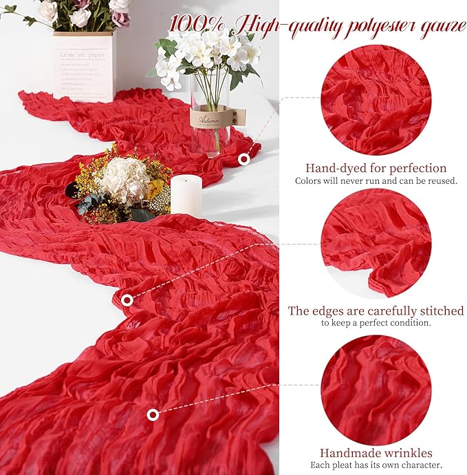 10 Packs Cheesecloth Table Red, 10Ft x 35" Rustic Gauze Boho Wedding Table Runner Decoration, Wedding Table Decor Table Cloth for Wedding Party Bridal Shower Table