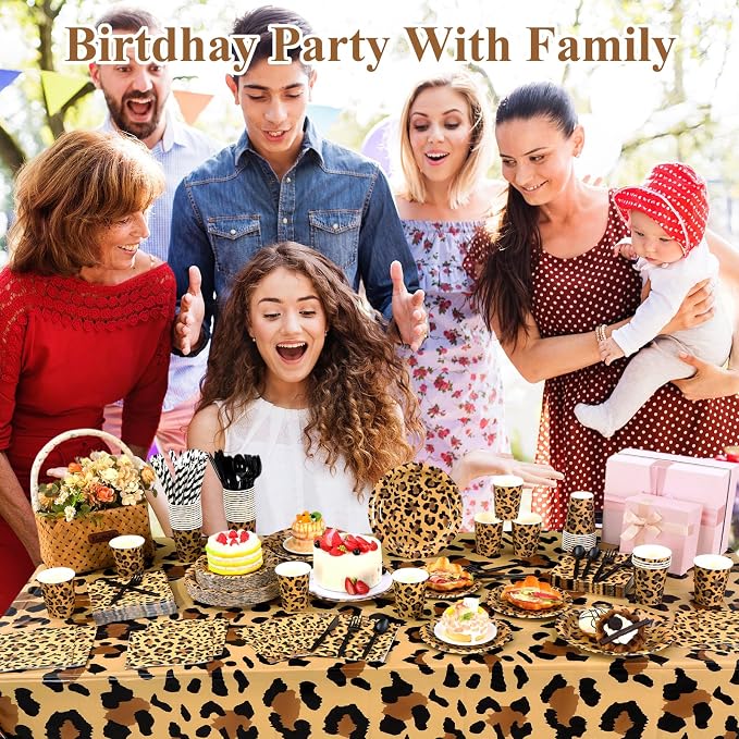 Funnymoom 452 Pcs Leopard Print Party Decoration Cheetah Print Paper Plates Napkins Cups Tablecloth Cutlery Straws Tableware for Jungle Safari Animal Theme Birthday Baby Shower Party Supplies Serve 50