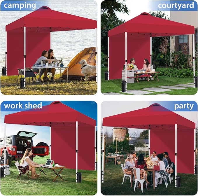 Durable 10 x 10 Pop-up Canopy Tent with 1 Sidewall, Portable Instant Camping Beach Canopy Tents, Red