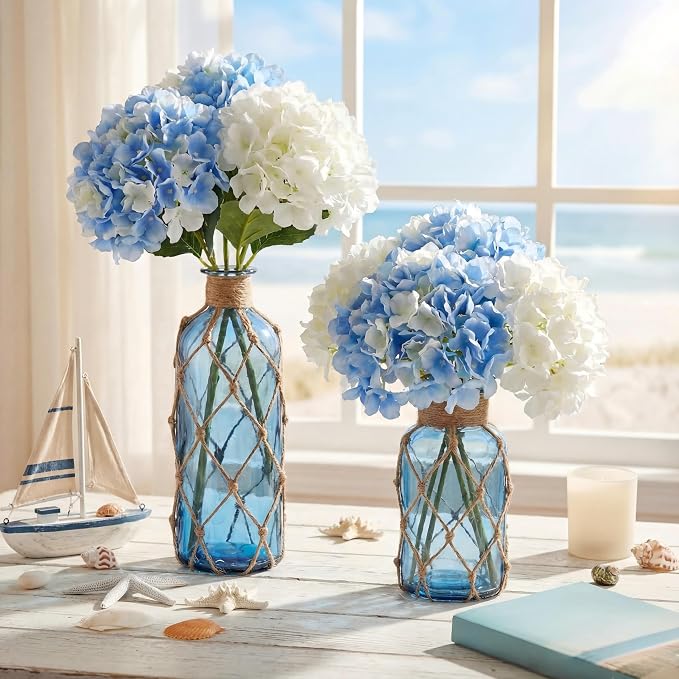 Chuangdi Set of 2 Coastal Glass Vases for Flowers TSITP Flower Vase with Boho Rope Small Sea Glass Jar Nautical Beach Bottle for Wedding Table Centerpieces Floral Arrangement Decor(Navy Blue)