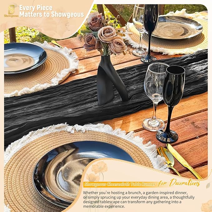 4 Pack Black Cheesecloth Table Runner 17 x 108 inch Boho Gauze Table Runner Rustic Sheer Cheese Cloth Table Decorations for Wedding Party Baby Bridal Shower Birthday Holiday Home