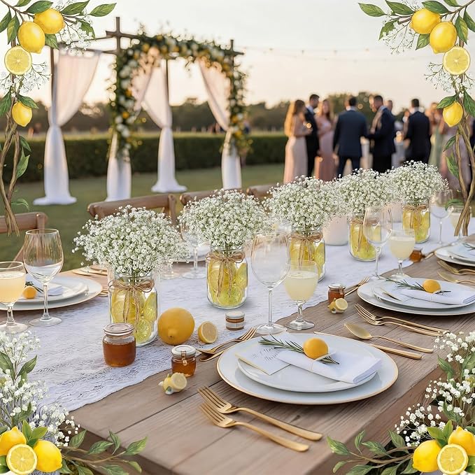Suncalla 49 Pcs/6 Set Lemon Table Centerpiece Baby Breath Mason Jar with Burlap Fake Lemon Slices Gypsophila Centerpiece Decor for Engagement Party Bridal Shower Wedding Reception Picnic Table Decor