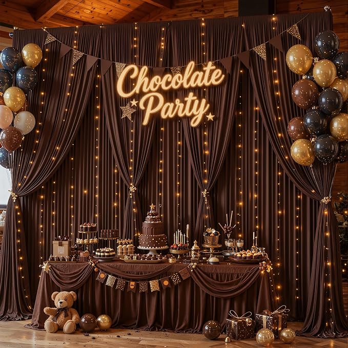 Brown Backdrop Curtains with Lights for Parties,10x10FT Wrinkle Free Wedding Photo Backdrop Curatin Drapes Fabric for Baby Shower Birthday Ceremony Reception Home Party Decorations