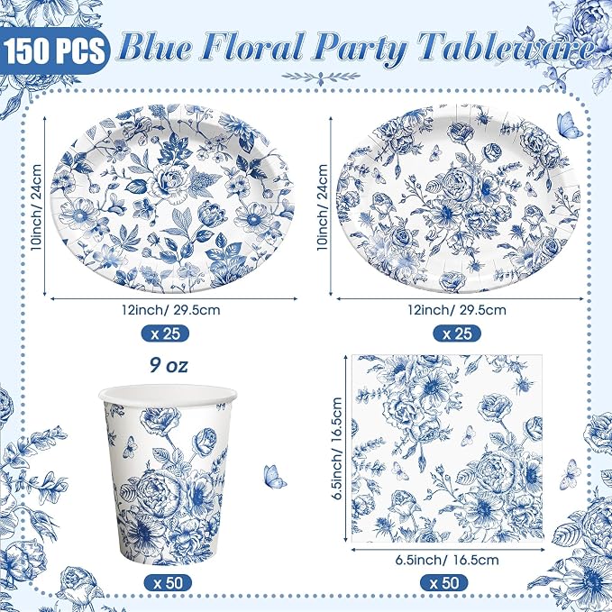 Vesici 150 Pcs Blue Floral Party Supplies 10'' x 12'' Large Oval Paper Plate Napkin Cup Set Vintage Blue White Floral Tableware Disposable Heavy Duty Plate Birthday Wedding Bridal Shower Decoration