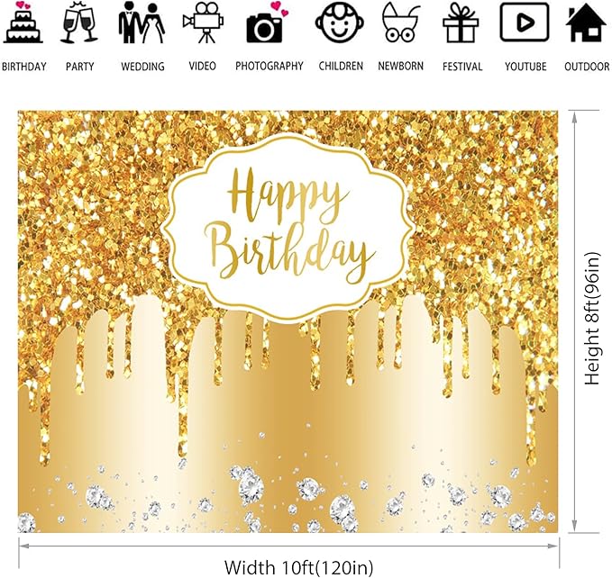 Baocicco 10x8ft Gold Happy Birthday Backdrop Modern Luxury Glitter Diamond Photography Background for Women Girls Sweet Princess Birthday Party Bridal Shower Decor Banner Supplies Photo Booth Props