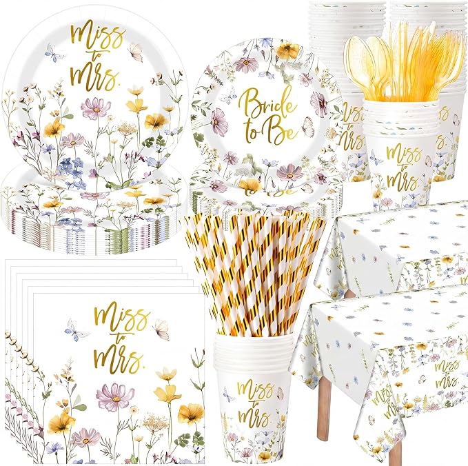 LemonRoad 452 Pcs Miss to Mrs Floral Bridal Shower Decorations for 50, Wildflower Bridal Shower Paper Plates Napkins Cups Tablecloth Cutlery Straws for Wedding Bachelorette Engagement Party Supplies