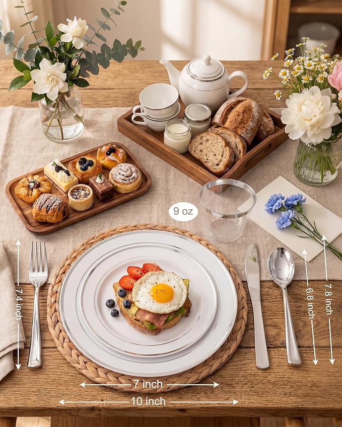 bUCLA 300PCS Silver Disposable Plastic Dinnerware Set - 50 Guests White Silver Disposable Plates Include 50 Dinner Plates,50 Dessert Plates,50 Knives,50 Forks,50 Spoons,50 Cups for Party & Christmas