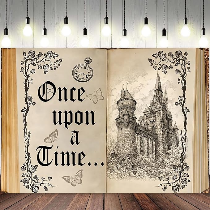 12x8ft Once Upon a Time Backdrop Fairy Tale Books Castle Princess Photography Background Once Upon a Time Birthday Baby Shower Decoration Storybook Wedding Party Banner