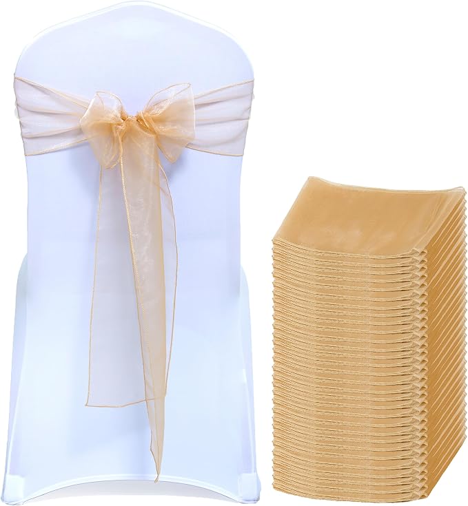 MDS® Pack of 50 Organza Chair Sashes for Wedding Decoration, Reusable Sheer Chair Bows for Banquet Chair Cover, Reception, Bridal Shower, Baby Shower, Birthday Party & Special Events - Champagne Gold