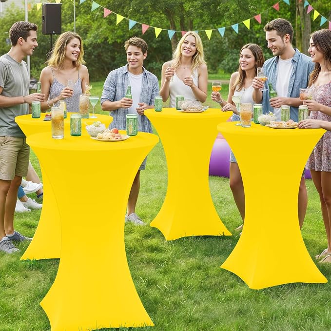 Moosfor Spandex Cocktail Table Covers 4 Pack, Elastic Fitted Stretch Table Cloth, Round High Top Tablecloths for Bar, Party, Pub, Wedding & Banquet (Yellow, 32x43 Inch)