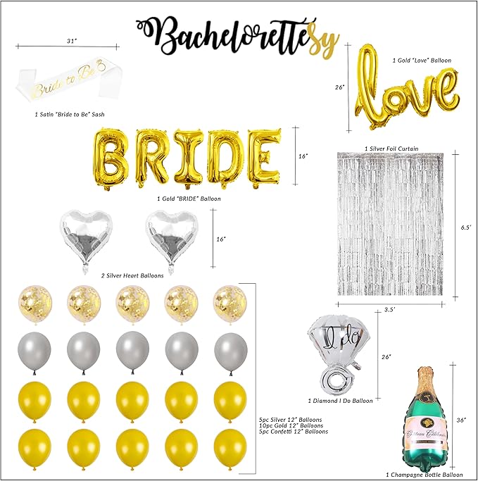 Bachelorettesy 28pc Bachelorette Party Decorations Kit for Bride to Be, Bridal Shower Decorations, Engagement Party – Balloons, Sash, Foil Backdrop Curtain (Gold Silver)