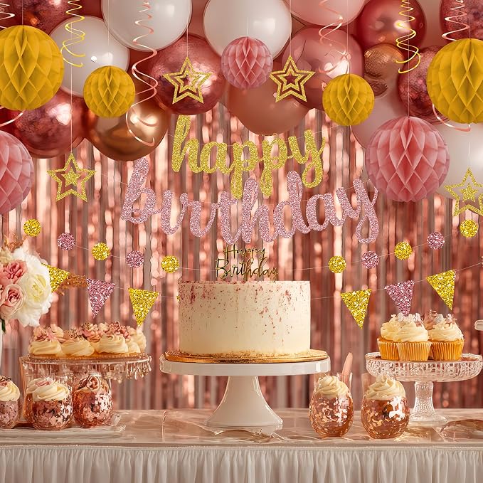 Rose Gold and Gold Birthday Party Decorations Set - Happy Birthday Banner Balloons Foil Curtains Hanging Swirls for Women Girls Birthday Party Supplies