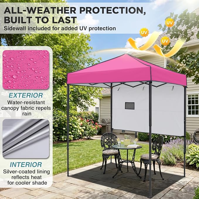 EAGLE PEAK 6x4 Instant Pop Up Canopy Tent with 1 Half Wall Panel, Straight Leg Sun Shelter, Portable Canopy with Carry Bag for Camping, Beach & Sports, Pink