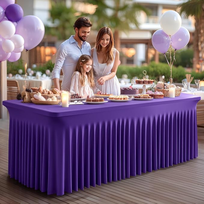 2 Packs Purple Spandex Table Covers 4 Foot, Fitted Stretch Table Cloth with Skirts 48x24 Inch, Wrinkle-Free Floor Length Rectangle Tablecloths for Trade Show Weddings Parties Banquets Events