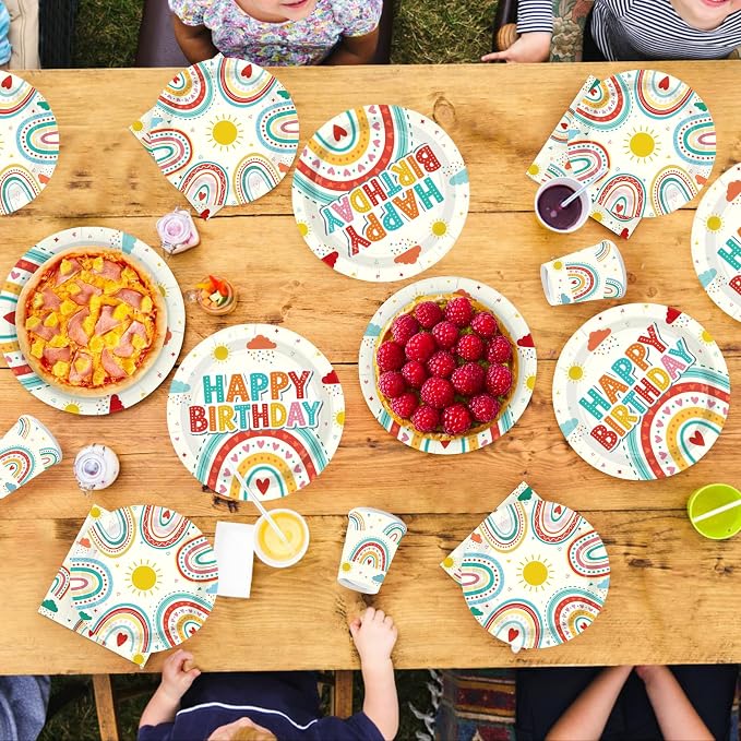 250 Pcs Retro Rainbow Birthday Party Decorations Colorful Rainbow Plates and Napkins Cups Sun Cloud Tableware Set for Boys Girls Baby Shower Boho Themed Birthday Party Supplies Serves 50