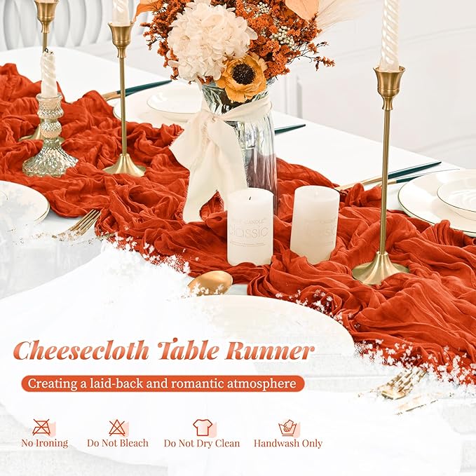 Pesonlook 12 Pack Orange Cheesecloth Table Runner, 10FT Cheesecloth Rustic Boho Table Runner Long Romantic Semi Sheer Table Runner for Wedding Birthday Bridal Shower Party Decorations(21.5×120 Inch)