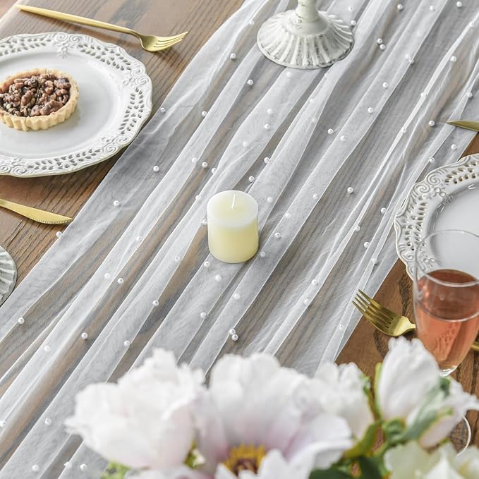 Artoid Mode 10PCS Pearl Gauze Table Runner 120 Inch 10FT, Seasonal Sheer Dining Holiday Wedding Birthday Baby Shower Table Decor for Home Party