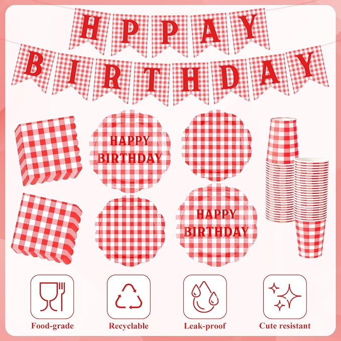 LemonRoad 128 Pcs Red and White Picnic Birthday Party Decoration for 25 Guests, Gingham Checkered Red Birthday Paper Plates Napkins Cups Tablecloth Forks Banner for Pizza BBQ Birthdays Party Supplies